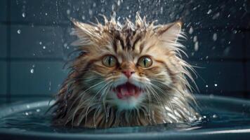 ai gerado molhado gato durante banho dentro a banheira foto