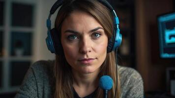 ai gerado uma mulher podcaster dentro uma estúdio com fones de ouvido em foto