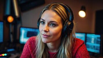 ai gerado uma mulher podcaster dentro uma estúdio com fones de ouvido em foto
