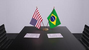 Brasil e EUA às negociando mesa. o negócio e política 3d ilustração. nacional bandeiras, diplomacia acordo. internacional acordo foto