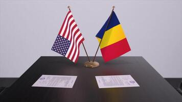 Chade e EUA às negociando mesa. o negócio e política 3d ilustração. nacional bandeiras, diplomacia acordo. internacional acordo foto