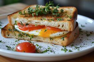 uma panini para lembrar, ovo, tomate, e ervas dentro perfeito unidade foto