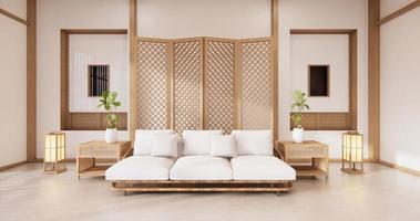 divisória japonesa no interior tropical do quarto com piso de tatame e parede branca. Renderização 3D foto