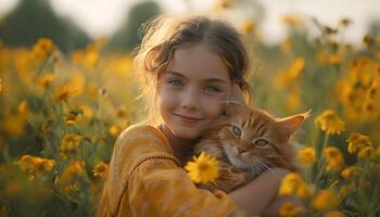 lindo menina com fofa gengibre gato dentro florescendo verão Prado. foto