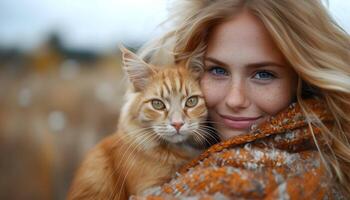 retrato do uma lindo jovem mulher com uma gengibre gato. foto