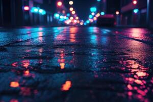 uma molhado rua às noite com néon luzes foto