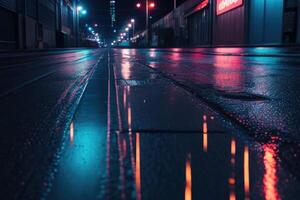 uma molhado rua às noite com néon luzes foto