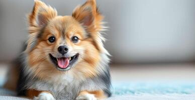 uma branco Spitz equilíbrio em a cinzento fundo, cópia de espaço foto