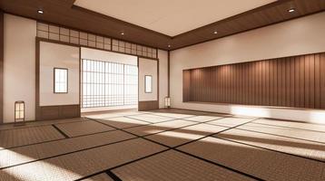 a sala é espaçosa, com design de estilo japonês e luz em tons naturais. Renderização 3d foto