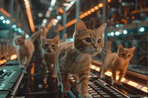 uma grupo do gatos caminhando dentro uma futurista configuração foto