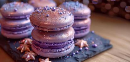 uma brilhando macaron, uma doce sinfonia do brilhos e sublime gosto, cópia de espaço foto