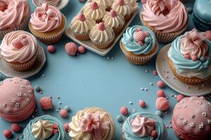 convidativo bolos de copo adornado com pastel coberturas, doces, e fitas, com bom gosto arranjado em uma texturizado fundo foto