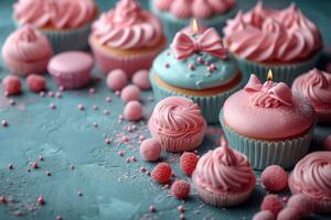 delicioso bolos de copo com pastel coberturas no meio doces e fitas em uma texturizado fundo foto