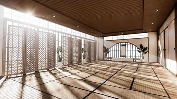 a sala é espaçosa, com design de estilo japonês e luz em tons naturais. Renderização 3d foto