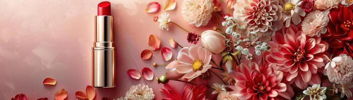 uma Cosmético brincar com uma floral fundo, criando uma romântico e feminino estético foto