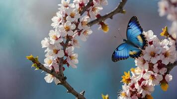 azul borboleta em sakura flor. foto