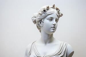 gesso cópia de do antigo estátua Vênus cabeça isolado em branco fundo. gesso branco escultura mulher face foto