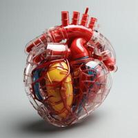 a anatômico modelo do uma humano coração fez do vidro e contendo uma relógio mecanismo. foto