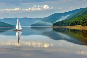 barco a vela à deriva preguiçosamente em calma lago, Está velas ondulante dentro a □ Gentil verão brisa foto