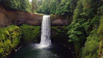 majestoso cascata em cascata baixa coberto de musgo pedras para dentro refrescante piscina abaixo foto