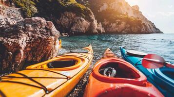 par do colorida caiaques em repouso em a costa, acenando aventureiros para explorar escondido enseadas foto