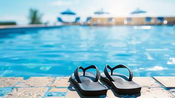 par do sandálias de dedo esquerda às a Beira do piscina, sinalização despreocupado verão dia foto