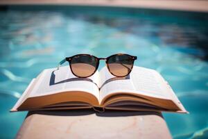 par do oculos de sol em repouso em livro de a à beira da piscina, resumindo preguiçoso verão dias foto