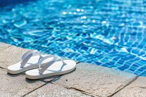 par do sandálias de dedo esquerda às a Beira do piscina, sinalização despreocupado verão dia foto