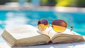 par do oculos de sol em repouso em livro de a à beira da piscina, resumindo preguiçoso verão dias foto