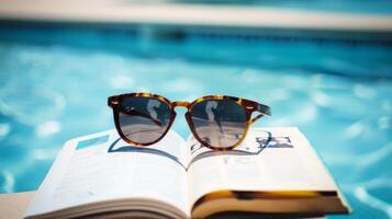 par do oculos de sol em repouso em livro de a à beira da piscina, resumindo preguiçoso verão dias foto