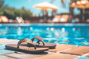 par do sandálias de dedo esquerda às a Beira do piscina, sinalização despreocupado verão dia foto