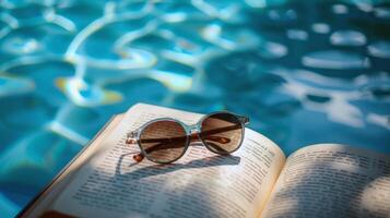 par do oculos de sol em repouso em livro de a à beira da piscina, resumindo preguiçoso verão dias foto