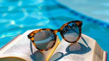 par do oculos de sol em repouso em livro de a à beira da piscina, resumindo preguiçoso verão dias foto