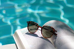 par do oculos de sol em repouso em livro de a à beira da piscina, resumindo preguiçoso verão dias foto
