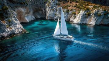 barco a vela planador através espumante azul águas, impulsionado de □ Gentil verão brisa foto