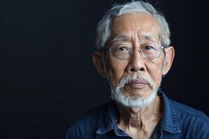 retrato do adulto bonito homem do aposentadoria era e ásia aparência dentro camisa em Preto fundo com cópia de espaço. confiante e calma Veja do a idosos homem de negocios. Oriental nacionalidade foto