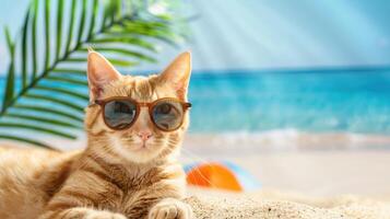 fofa gato estão vestem oculos de sol em verão fundo. engraçado gatinho em a de praia perto a mar em uma viagem bandeira. período de férias feriado conceito foto