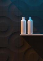 modelo de marca de cosmético. embalagem raster. óleo, loção, shampoo. garrafa mock up definido. na prateleira. Ilustração 3D foto