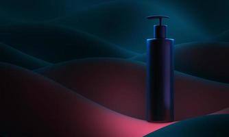 ilustração 3d realista de garrafa. bomba de sabão em ondas abstratas de cor de fundo. frasco cosmético deseja shampoo, gel. modelo para negócios cosméticos, publicidade, promoção, listagem. foto