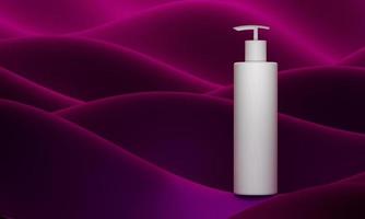 ilustração 3d realista de garrafa. bomba de sabão em ondas abstratas de cor de fundo. frasco cosmético deseja shampoo, gel. modelo para negócios cosméticos, publicidade, promoção, listagem.