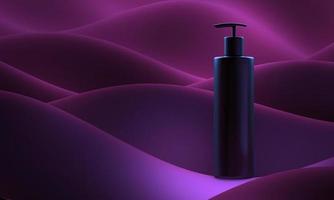 ilustração 3d realista de garrafa. bomba de sabão em ondas abstratas de cor de fundo. frasco cosmético deseja shampoo, gel. modelo para negócios cosméticos, publicidade, promoção, listagem. foto