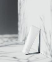 cena de apresentação de produto cosmético natural. nossa colocação de porta. frasco em branco branco. Conteúdo de ilustração 3D foto