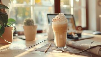 uma frappe café em uma trabalhos mesa dentro uma estilo boho escritório foto