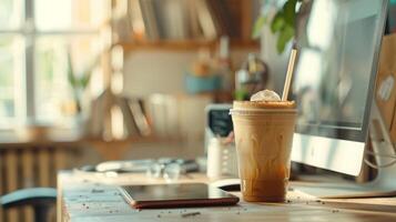 uma frappe café em uma trabalhos mesa dentro uma estilo boho escritório foto