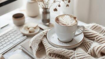 uma cappuccino em uma trabalhos mesa dentro uma estilo boho escritório foto