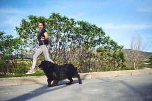 eu sou corrida com meu animal ao ar livre. alegre feliz mulher desfrutando dela manhã corre com dela Cocker spaniel cachorro ser caminhou em trela em a natureza. pessoas. jogando animais de estimação. saudável ativo estilo de vida conceito foto