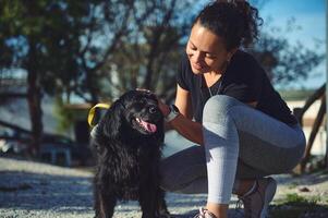 jovem brincalhão Cocker spaniel cachorro é ativo em a natureza enquanto ser caminhou de uma jovem mulher. jogando animais de estimação, animal conceito. foto