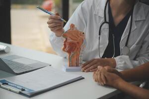 fêmea médico explicando para paciente resultados do modelo a processo do pacientes. diagnóstico do doenças para modelo interno órgão. foto