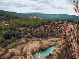 panorama do uma rio fluindo dentro uma montanhoso área em uma nublado dia foto