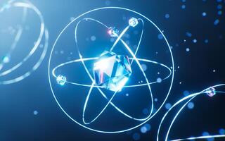 física átomo com Sombrio azul fundo, 3d Renderização. foto